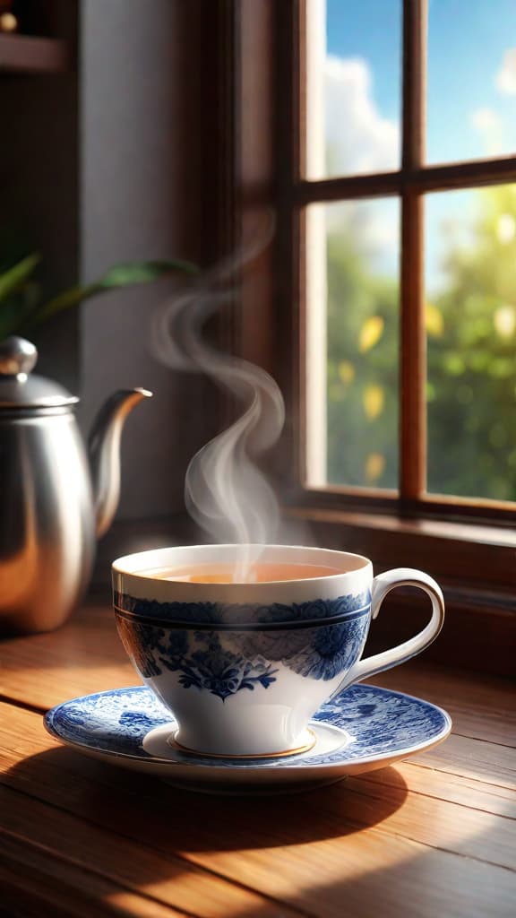  (photorealistic:1.2), (high detail:1.1), stunning digital art, beautifully crafted ceramic cup of steaming tea on wooden table, warm sunlight filtering through window, creating a cozy inviting atmosphere, clear details, best quality, extremely detailed cg 8k wallpaper, volumetric lighting, hyper realistic digital art