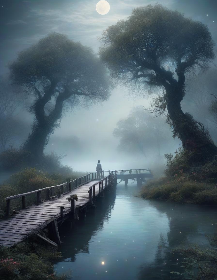  space themed a wooden bridge that leads to a small island in the river. on the island stands a old house in slavic style, a couple of trees next to it, a half submerged boat near the bridge. fog rises around, a white haze around, like a veil separating from another world, style by lovecraft, meticulous, intricate, entangled, intricately detailed . cosmic, celestial, stars, galaxies, nebulas, planets, science fiction, highly detailed