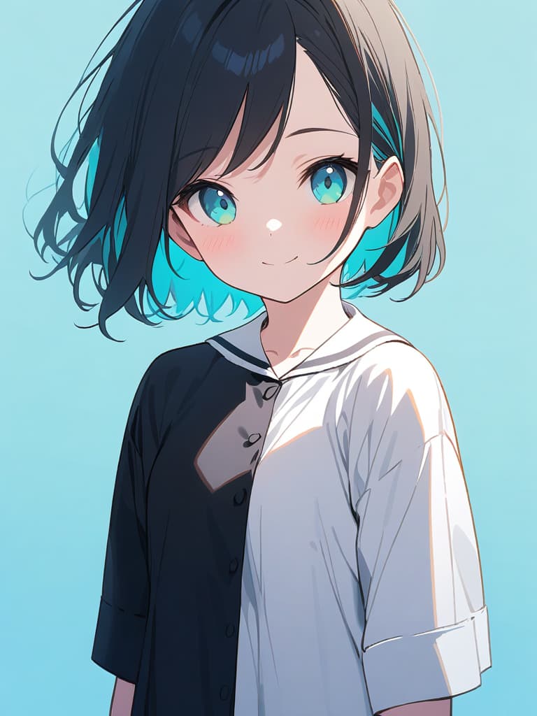  ultra detailed:1.2,masterpiece:1.2,best quality,masterpiece,bestquality,hdr:1.1,8k:1.1,very cute girl:1.3,(((off center part hair,black hair:1.7)))(short hair:1.1),forehead:1.6,((from front:1.5)),(upper body:1.2)(face focus:1.2),(white sailor sundress:1.2)(smile:1.3)(light aqua background color:1.6)