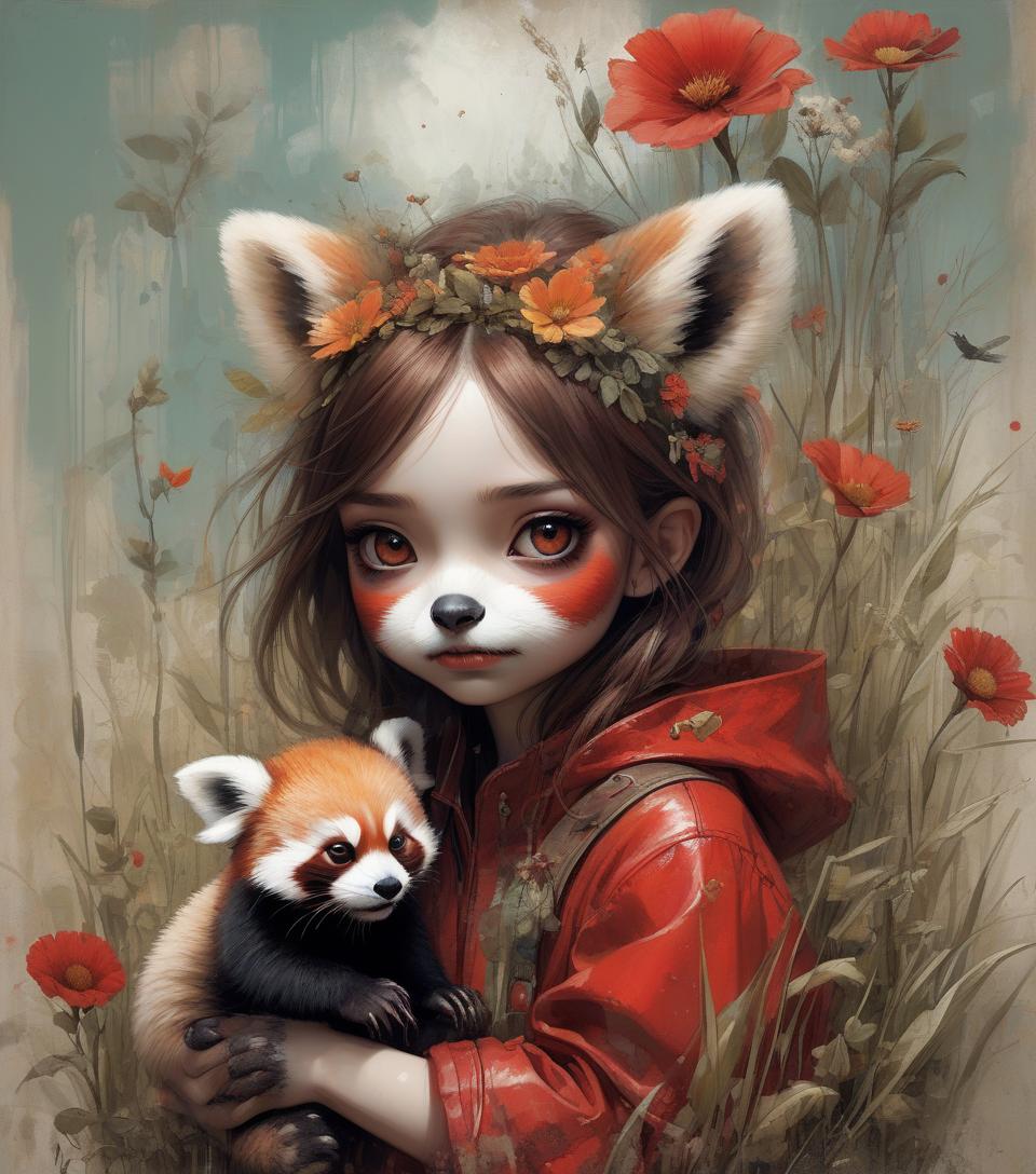  collage, mixed media, very realistic, 2 exposures, a combination of the styles of mark ryden and jean baptiste monge combined with the bold expression of russ mills, by tolira, canvas, impasto, acrylic, portrait (1) cute girl holding her red panda, with very detailed eyes, there are elements cut out of velvet cardboard: flowers, meadow grass, cotton clouds, ash, sunbeam, sea surf, 32k, ultra high detail, artstation, by to🐞lira