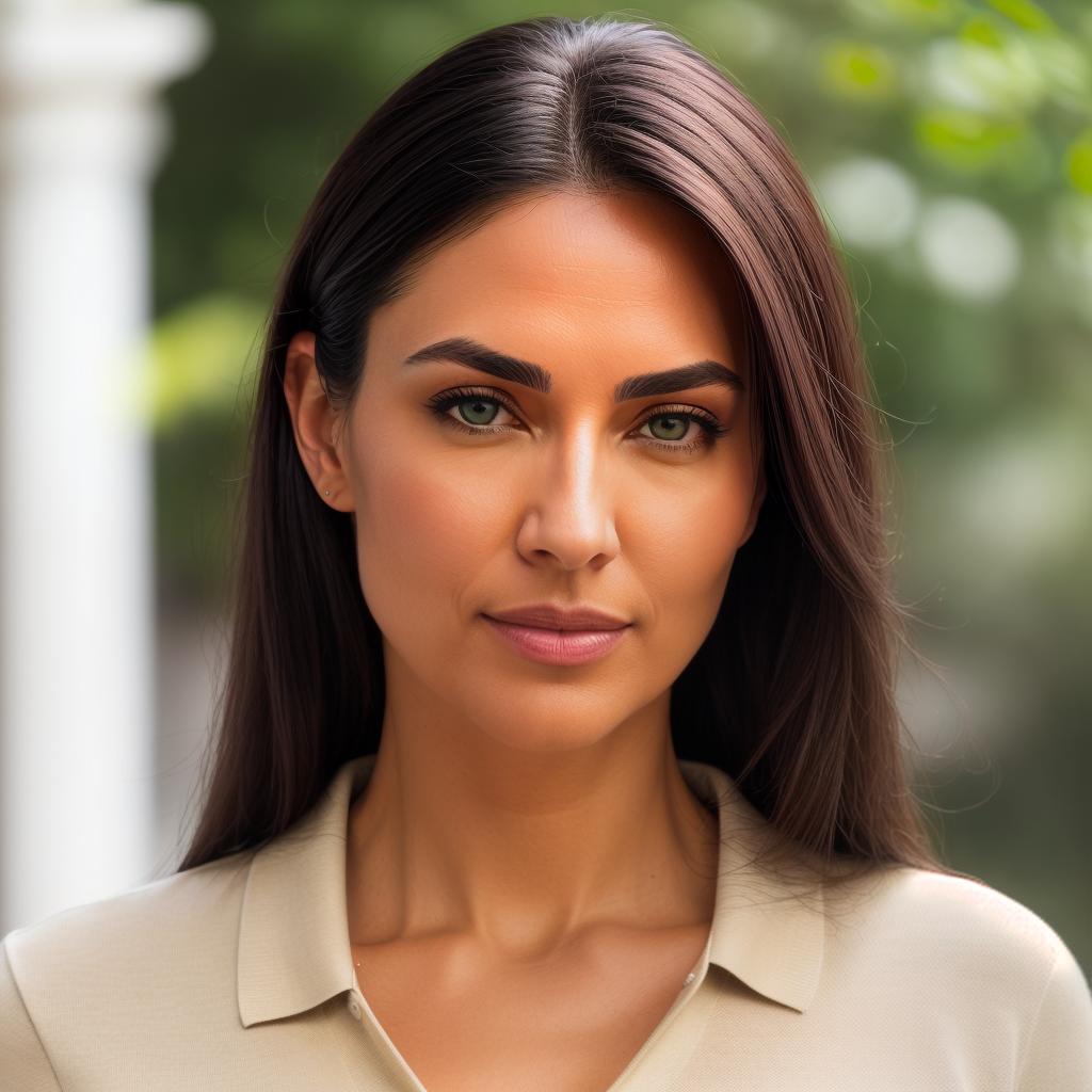  (((realistic full torso frontal head shot of a light beige to medium tan skin tone woman))), dagmar mia bauer, ((caucasian heritage)), immature face, brown eye color, ((straight hair style)), ((black hair color)), (( body type)), flat size, small size, (immature narrow nose), (immature prominent cheekbones), (immature defined jawline), (immature medium lips), (immature high forehead), (immature symmetrical face), (immature soft eyebrows), standing straight looking directly into the camera,((wearing fitted polo shirt with deep v neck and monogrammed pocket)), backyard in background, 1, best quality, highest quality, award winning photo, masterpiece, raw, professional photography, photorealism, sharp focus, cinemati hyperrealistic, full body, detailed clothing, highly detailed, cinematic lighting, stunningly beautiful, intricate, sharp focus, f/1. 8, 85mm, (centered image composition), (professionally color graded), ((bright soft diffused light)), volumetric fog, trending on instagram, trending on tumblr, HDR 4K, 8K