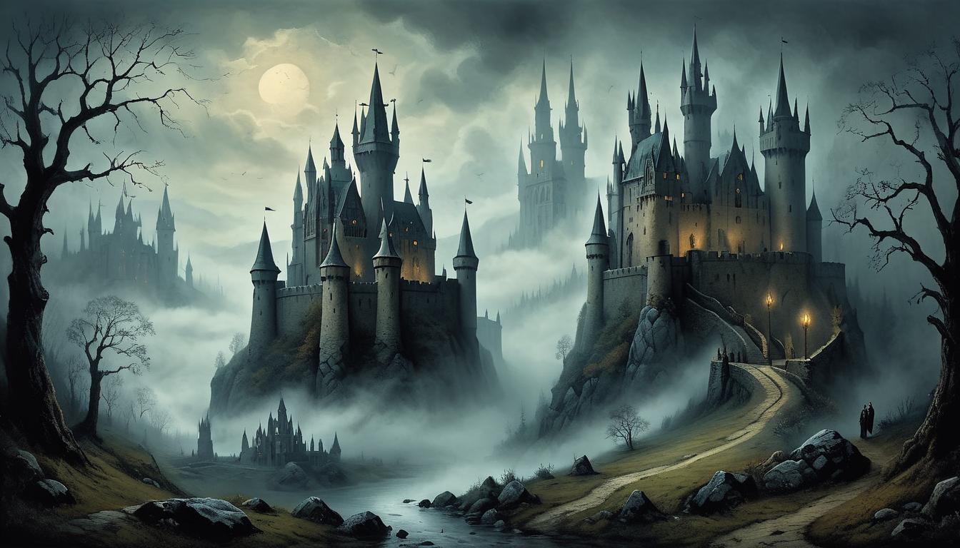  on parchment, surrealism+++, gothic castles shrouded in mist, towering spires, heavy mist winding around the stone walls, foreboding, mysterious, grandiose, melancholic(mysterious, provocative, symbolic,muted color)+++