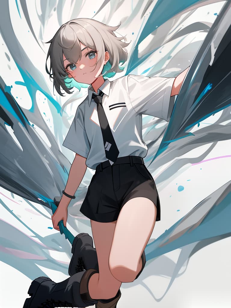  boyish girl, white shirt, tie, boots, black shorts, masterpiece, best quality,8k,ultra detailed,high resolution,an extremely delicate and beautiful,hyper detail