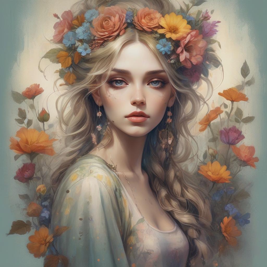  grunge style a painting of a woman with flowers in her hair, beautiful fantasy art portrait, exquisite digital illustration, beautiful fantasy portrait, highly detailed digital painting, style of laura sava, beauty art nouveau woman, exquisite digital art, beauty woman with detailed faces, romanticism artwork, woman in flowers, in style of anna dittmann, detailed realistic beautiful, beautiful gorgeous digital art . textured, distressed, vintage, edgy, punk rock vibe, dirty, noisy