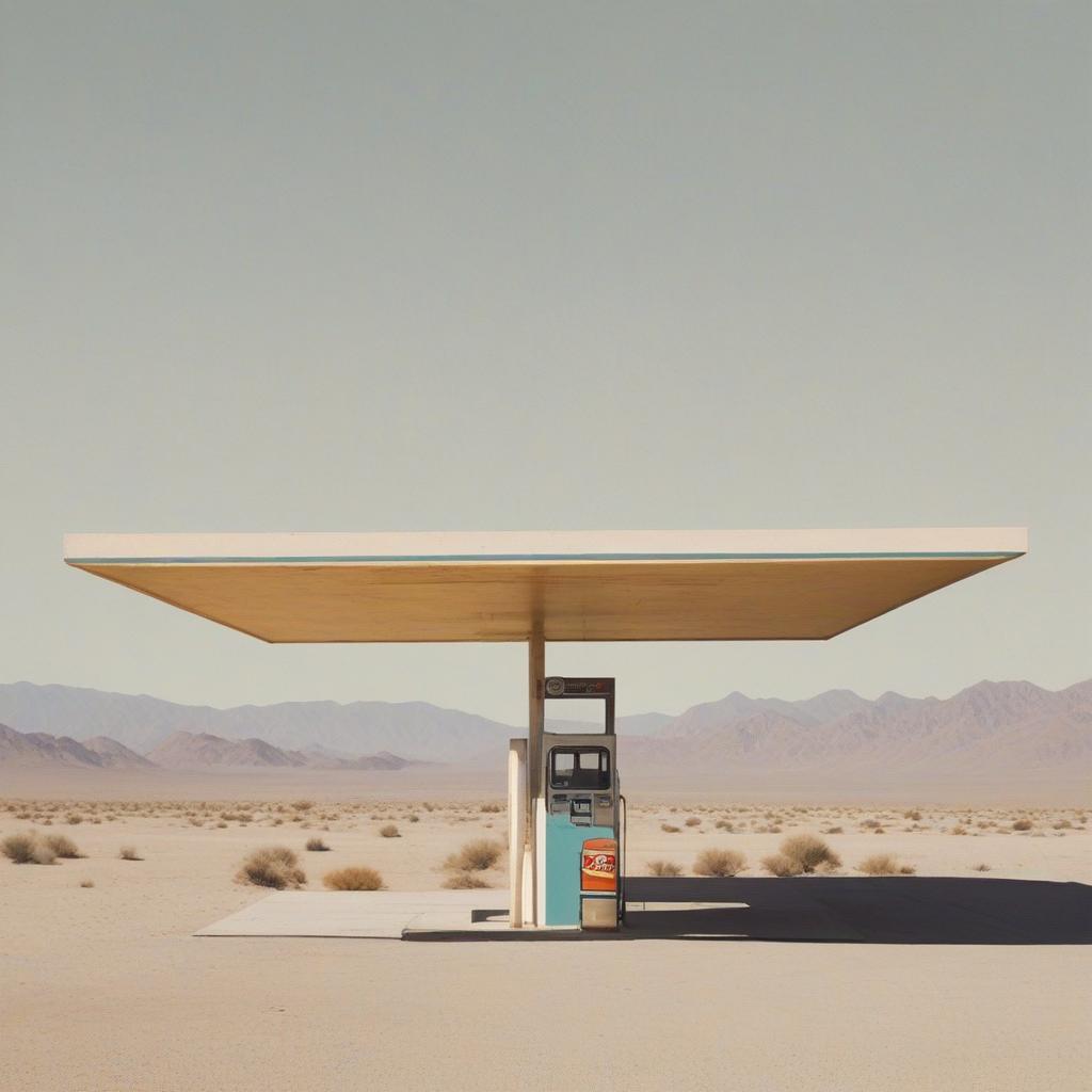  minimalism, nameless empty gas station in la desert giclee print, abstract, simple geometic shapes, hard edges, sleek contours, minimalism