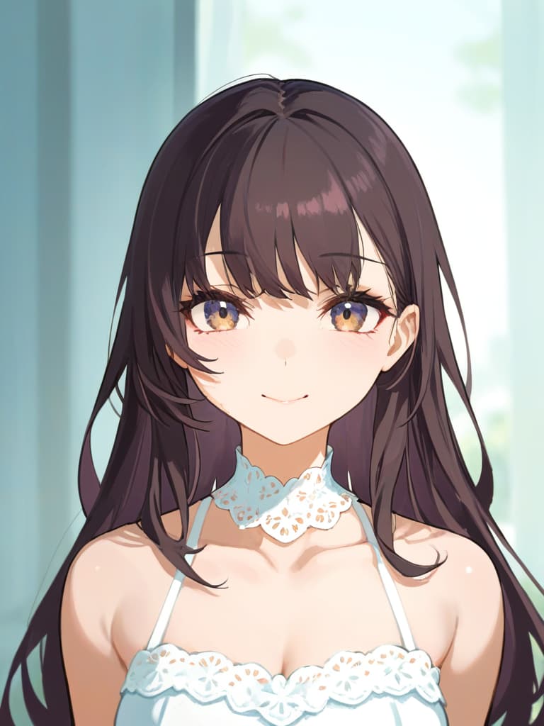  gentle illustration {clean beautiful girl}{dark brown hair}{shiny straight long hair}{half up}{gentle smile}{she is wearing a dress with white collar on dark blue background:1.2}{upper body} masterpiece,high quality,16k,