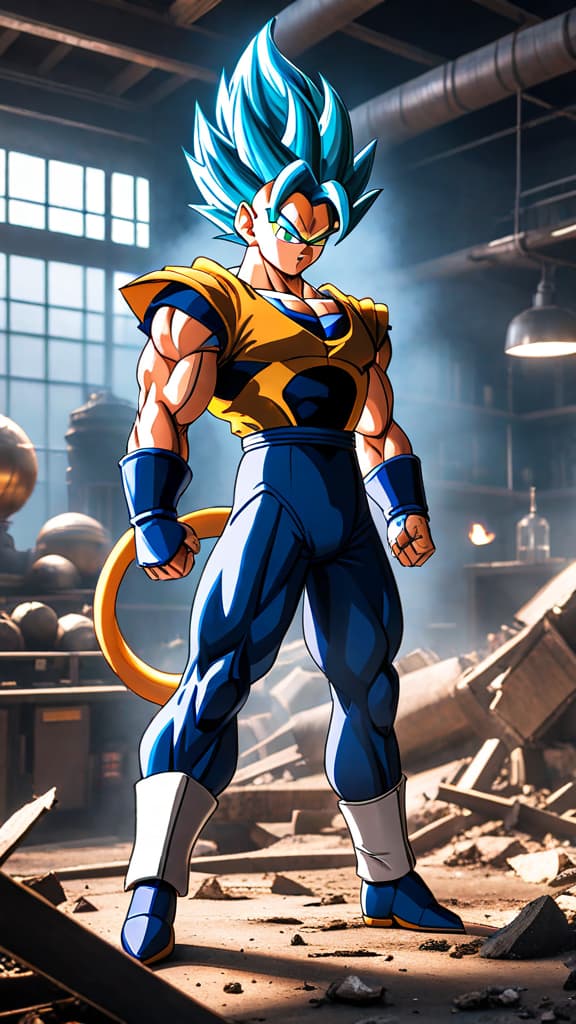  anime art, dragon ball z, vegeta standing triumphant over the destroyed androids in dr. gero's lab, peaceful earth hyperrealistic, full body, detailed clothing, highly detailed, cinematic lighting, stunningly beautiful, intricate, sharp focus, f/1. 8, 85mm, (centered image composition), (professionally color graded), ((bright soft diffused light)), volumetric fog, trending on instagram, trending on tumblr, HDR 4K, 8K