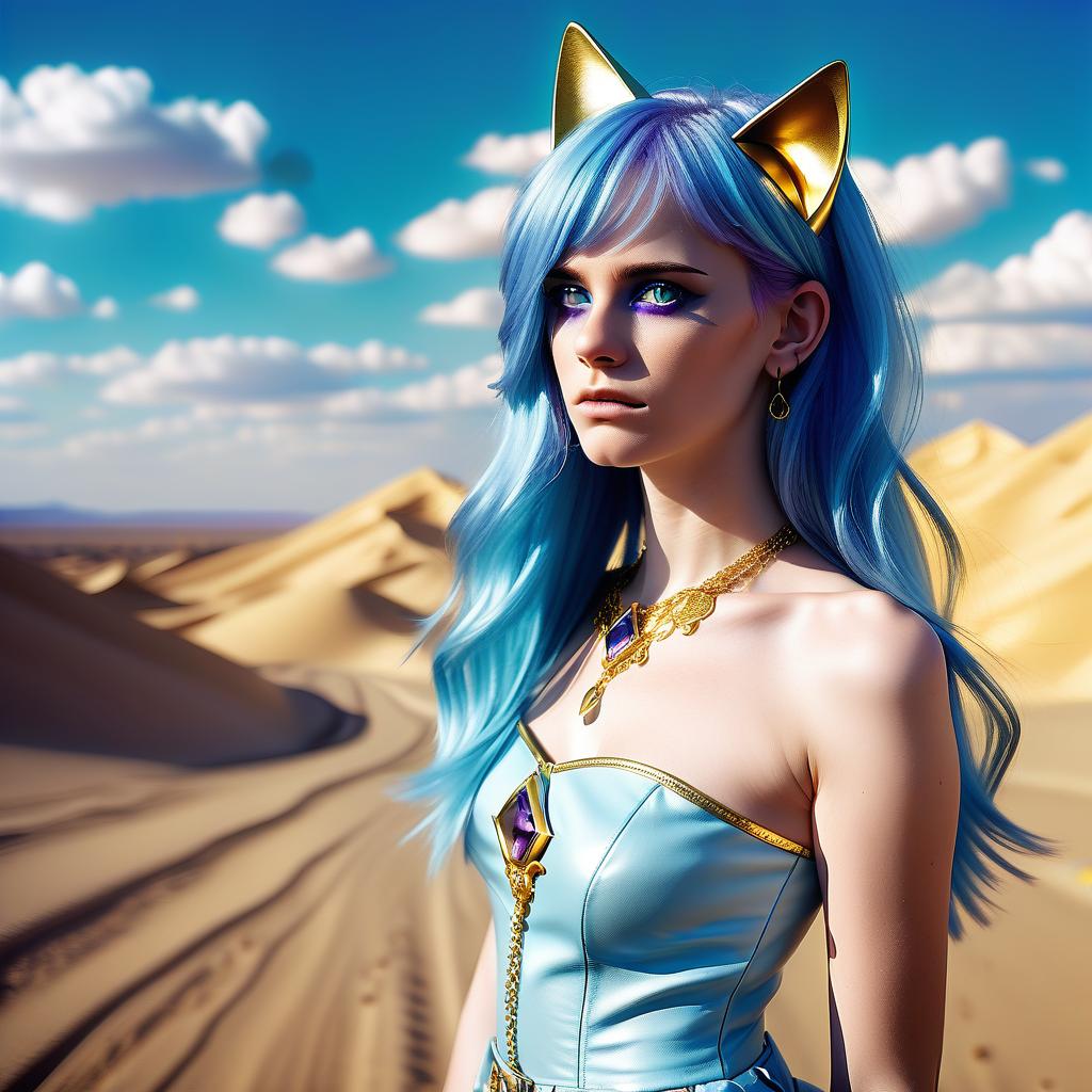  cinematic photo the with blue hair. you should. gold rim decoration with golden cat ears. large amethyst in seridine jewelry. azure shiny eyes of the aimed at me. two gold celets on shoulders and hands. s. in the desert. bright blue sky. white clouds. maximum quality. no clothes. body. . 35mm photograph, film, bokeh, professional, 4k, highly detailed