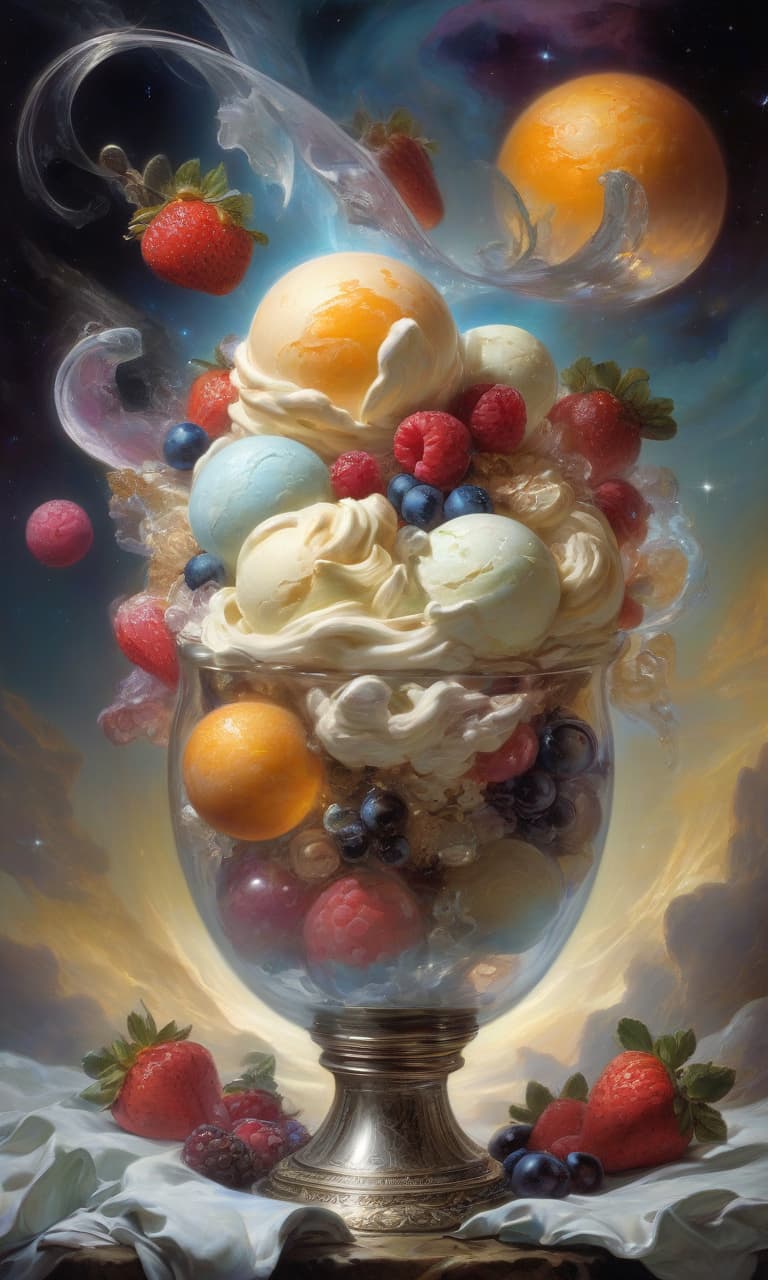  space themed digital art (double exposition: 1.3) multi colored balls of cream ice cream in elegant crystal vase ((cream: 1.5) s (freezing effect: 1.5)) with orange lobe, waffle pieces, chocolate chips, strawberries, blueberries, blackberries, raspberries, mint leaf, cinnamon stick, smoky fractal, elegant silver spoon. the effect of magic, mysticism, fairy tales, surrounded by fantasy art, arabesque, glitter, surge of fantasy, unearthly light effects, an exciting palette of colors, extremely detailed, in high resolution 10k. surrealism, realism, fantasy, baroque, renaissance. imagination and skill. in the manner of julia dillon, van gogh, salvador dali, mickey asai, alphonse mucha, robert bateman, thomas kincaid, fragonard. . cosmic, celest