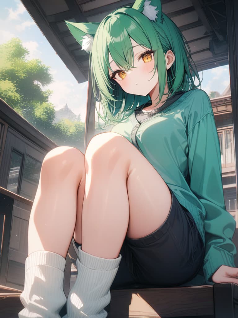  girls, plain clothes, loose socks, wolf ears, medium hair, green cardigan, green hair, yellow eyes, whole body, masterpiece, best quality,8k,ultra detailed,high resolution,an extremely delicate and beautiful,hyper detail