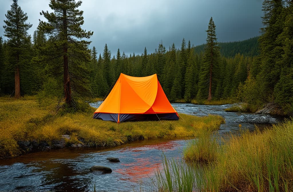  professional detailed photography, orange tent in a pine forest on the bank of a stormy river, sunny day ar 3:2, (muted colors, dim colors, soothing tones), (vsco:0.3)