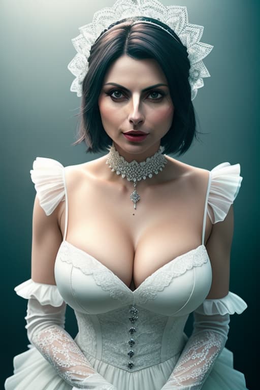  score 9, score 8 up, score 7 up, best quality, masterpiece,realistic, morena baccarin, solo, yorha no. 2 type b, puffy sleeves, dress, short hair, white hair, black dress, juliet sleeves, hairband, dark make up, breasts, deep cleavage, long sleeves, parted lips, clothing cutout, black hairband, huge breasts, braless, covered eyes, mole under mouth, mole, lips, carmin red lips, belly buttton, nipples, nose, facing viewer, hair over eyes, teeth hyperrealistic, full body, detailed clothing, highly detailed, cinematic lighting, stunningly beautiful, intricate, sharp focus, f/1. 8, 85mm, (centered image composition), (professionally color graded), ((bright soft diffused light)), volumetric fog, trending on instagram, trending on tumblr, HDR 4K, 8K