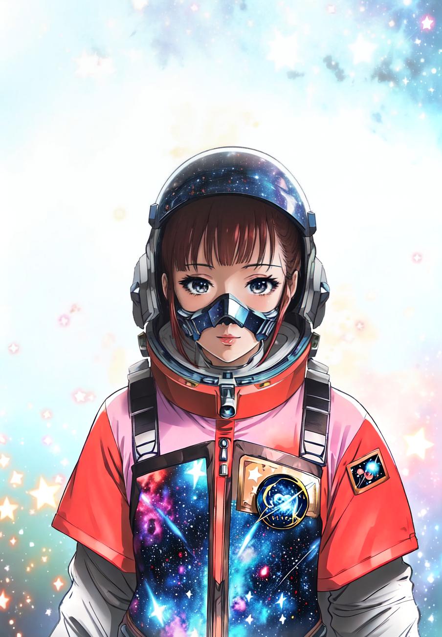  anime style, astronaut in space, fully detailed outer space background with stars, galaxies, nebulae, vibrant colors, wearing detailed space suit, cosmic scene, highly detailed spacesuit, complete space environment, clothing replace, space suit hyperrealistic, full body, detailed clothing, highly detailed, cinematic lighting, stunningly beautiful, intricate, sharp focus, f/1. 8, 85mm, (centered image composition), (professionally color graded), ((bright soft diffused light)), volumetric fog, trending on instagram, trending on tumblr, HDR 4K, 8K