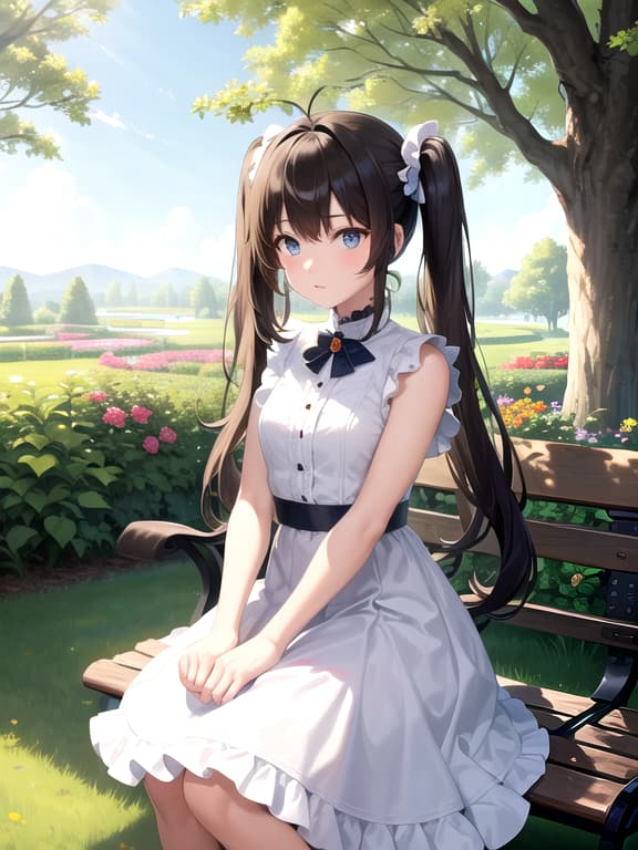  master piece, best quality, ultra detailed, highres, 4k.8k, brunette girl with twintails and blue eyes., standing and admiring the flowers., lovely and serene., break a beautiful portrait of a girl in a garden., a well maintained garden., flowers, white dress, and a small bench., break tranquil and picturesque., soft lighting and a gentle breeze., cyberpunkai