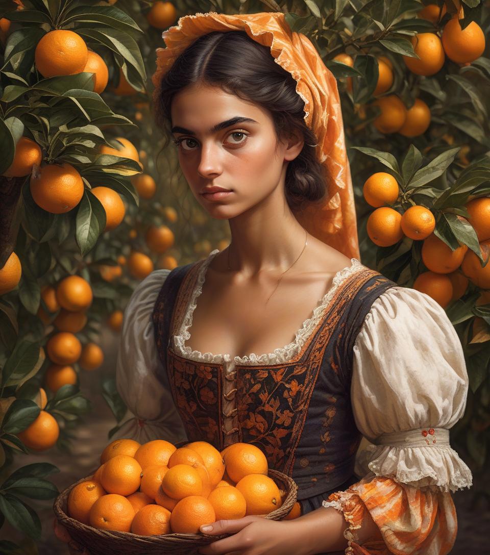  portrait of a young, dark and beautiful italian girl growing oranges from sicily in 17th century italian folk peasant clothing, dramatic lighting, depth of field, orange trees in the background. oranges should have a beautiful, even structure. incredibly high detail holding fresh oranges in hand