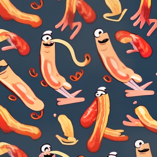  A group of funny line drawing characters of a sausages wrapped in bacon with legs and a smile dancing.