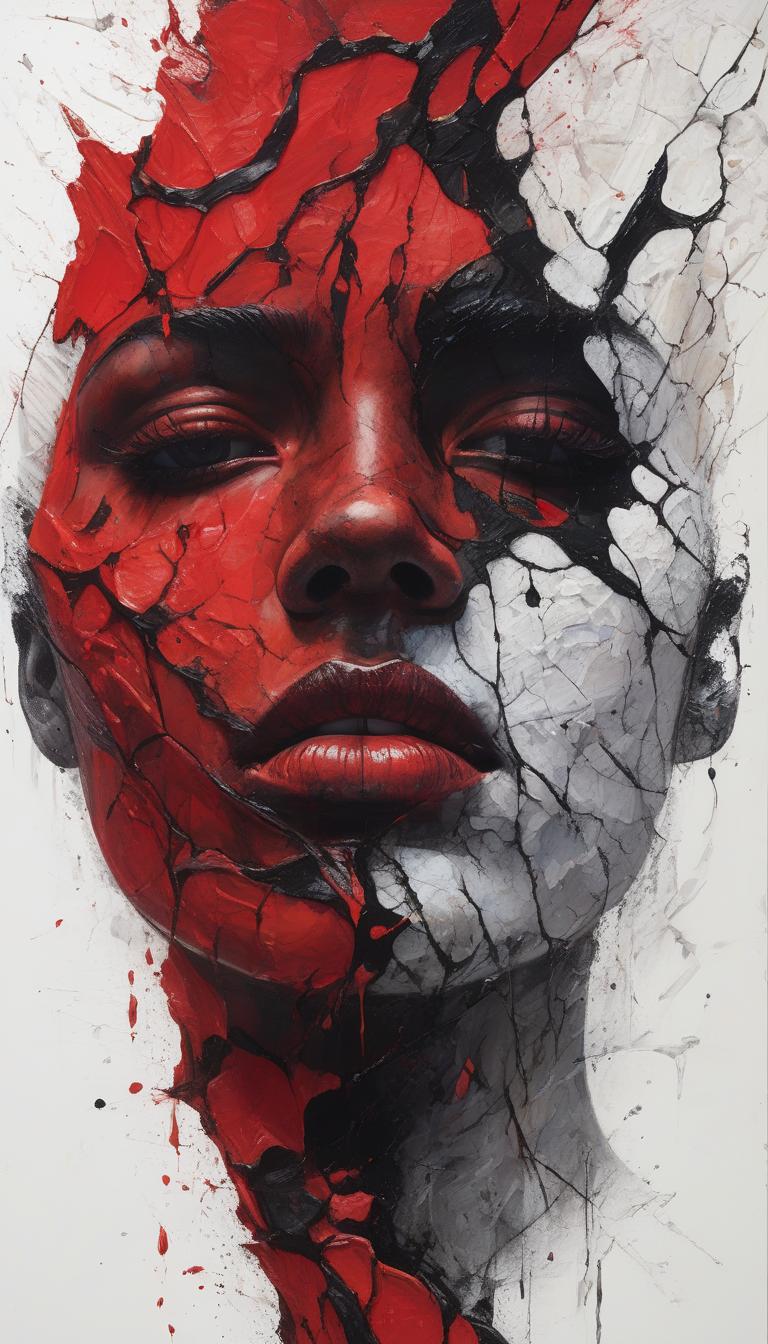  (hyperrealistic painting:1.3) of a (woman's face:1.2), adorned with (intense red:1.1) and (black lava:1.2) flowing around her features, creating a striking contrast with (white accents:1.2). the (shattered wall:1.3) serves as the backdrop, emphasizing the (dynamic symmetry:1.2) of her visage. each detail in her expression captures an emotional depth, while (swirls of lava:1.1) intertwine with her hair, enhancing the (dramatic effect:1.3). the use of (bold colors:1.2) draws the viewer into the captivating essence of the portrait, evoking a sense of strength and beauty