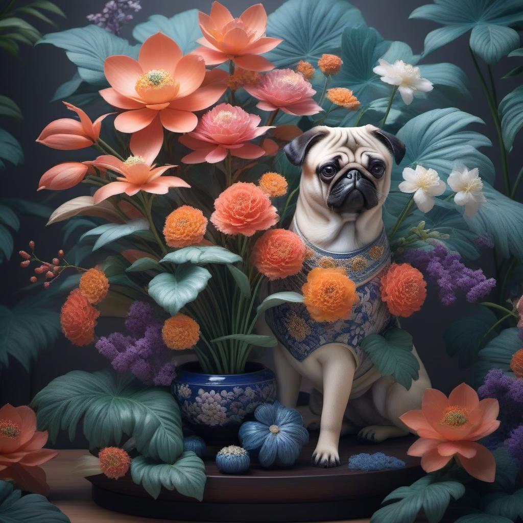  Ikebana with a porcelain pug hyperrealistic, full body, detailed clothing, highly detailed, cinematic lighting, stunningly beautiful, intricate, sharp focus, f/1. 8, 85mm, (centered image composition), (professionally color graded), ((bright soft diffused light)), volumetric fog, trending on instagram, trending on tumblr, HDR 4K, 8K