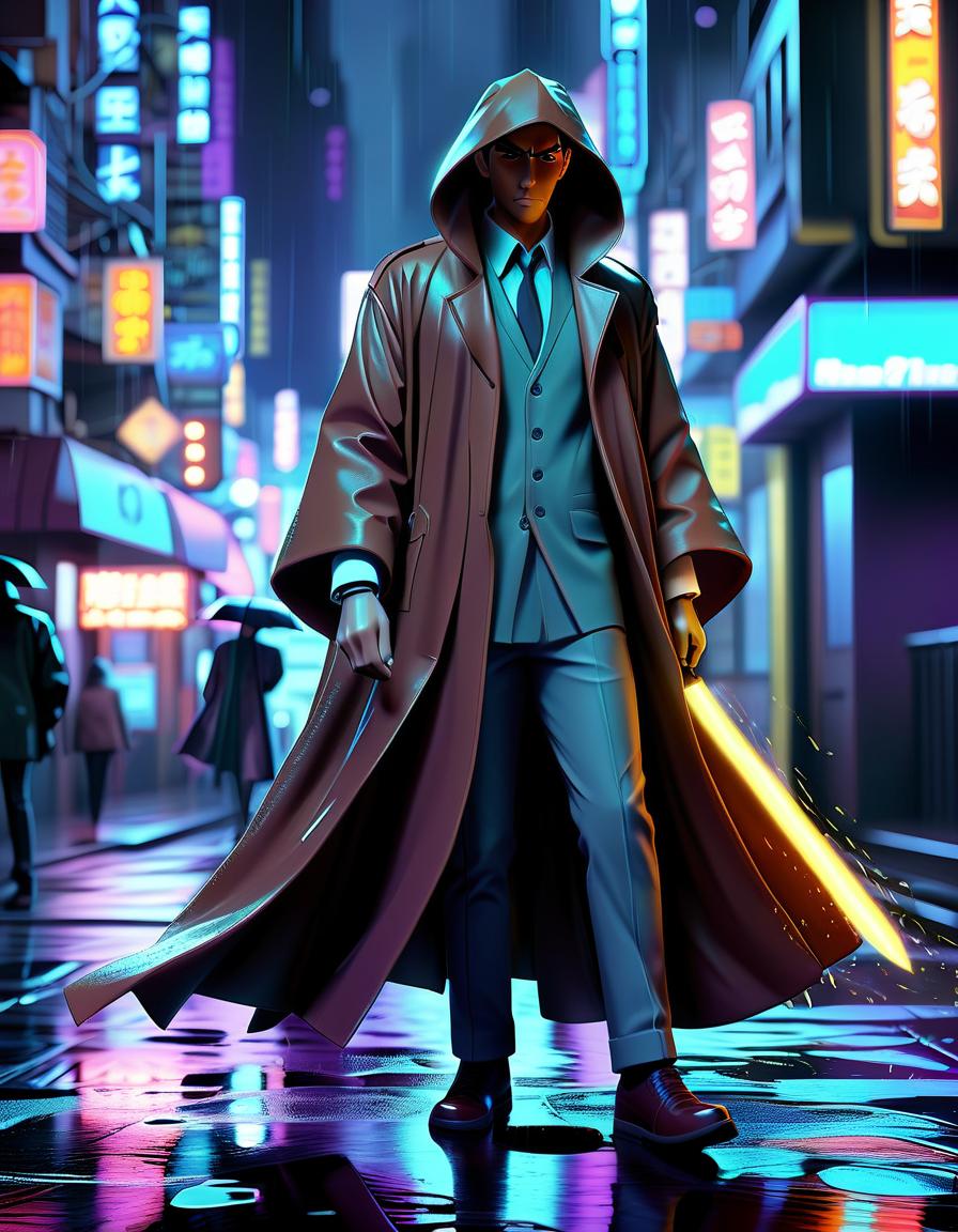  fighting game style a detective in a neon city: an anime detective in a long cloak walks down a rainy street under the light of neon lights. the background is created in dark colors with bright accents, emphasizing the night atmosphere. . dynamic, vibrant, action packed, detailed character design, reminiscent of fighting video games, glowneon