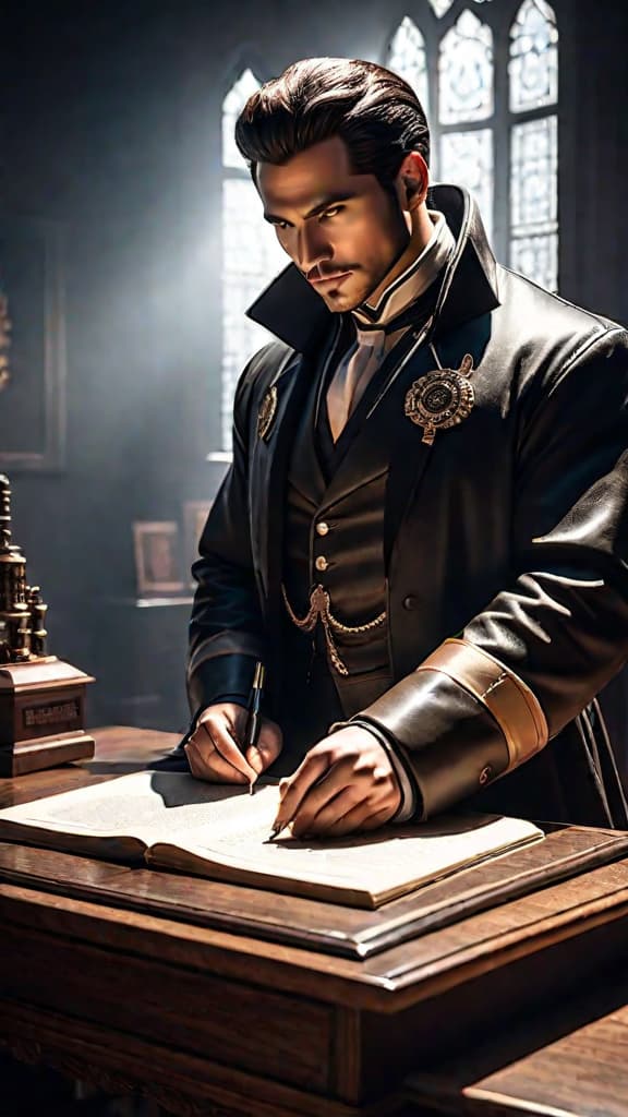  a dimly lit study with forged wills scattered on an oak desk, shadowy figure of a sinister doctor hyperrealistic, full body, detailed clothing, highly detailed, cinematic lighting, stunningly beautiful, intricate, sharp focus, f/1. 8, 85mm, (centered image composition), (professionally color graded), ((bright soft diffused light)), volumetric fog, trending on instagram, trending on tumblr, HDR 4K, 8K