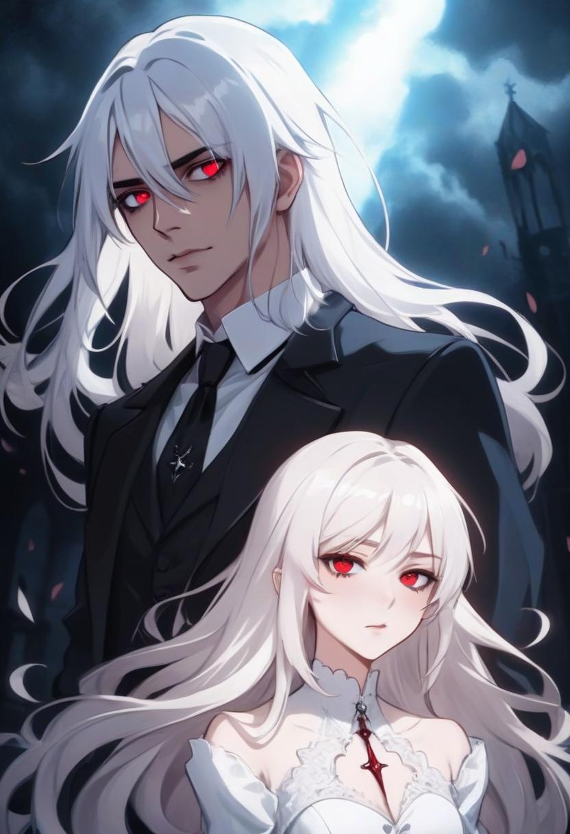  beautiful guy, with blue eyes, white long hair, in a gothic suit, with a girl, she has red hair and brown eyes, she is in a gothic dress. background fantasy vampire style of dark tones