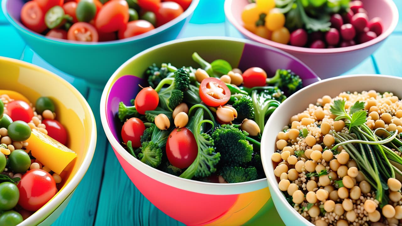  a vibrant kitchen scene with colorful bowls of fresh vegetables, legumes, and grains. display a variety of easy vegan dishes like a chickpea salad, quinoa stir fry, and a fruit smoothie, all beautifully arranged. hyperrealistic, full body, detailed clothing, highly detailed, cinematic lighting, stunningly beautiful, intricate, sharp focus, f/1. 8, 85mm, (centered image composition), (professionally color graded), ((bright soft diffused light)), volumetric fog, trending on instagram, trending on tumblr, HDR 4K, 8K