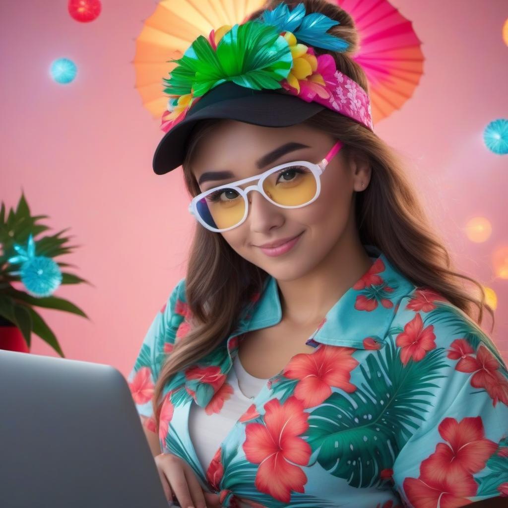  Computer virus-a girl in luminous glasses, a Hawaiian T-shirt and a New Year's hat