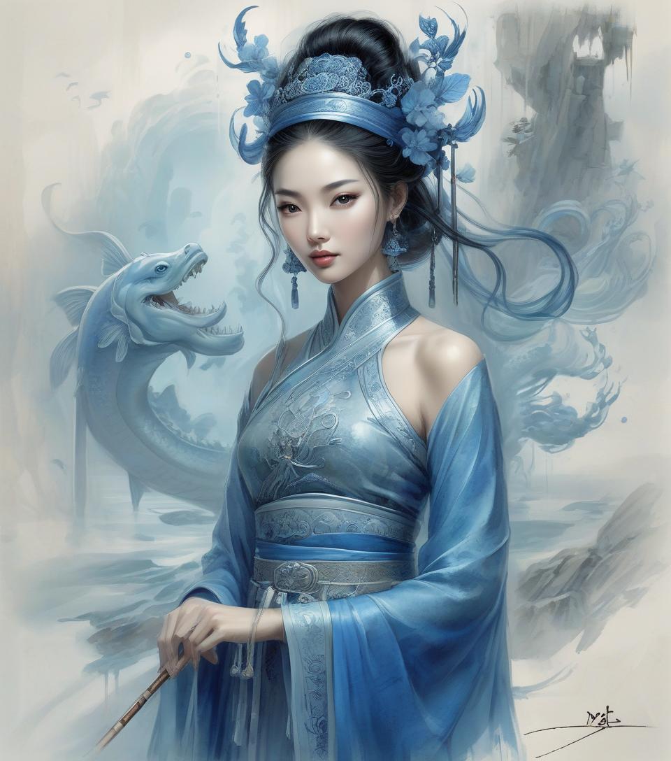  concept art a painting of a woman with a blue hat and a blue dress, ancient asian dynasty princess, ancient chinese goddess, beautiful render of tang dynasty, beautiful oriental woman, chinese art, oriental fantasy, ancient chinese beauties, ancient chinese princess, queen of the sea mu yanling, asian female water elemental, ancient china art style, by luis royo, chinese style painting, watercolor, trending on artstation, sharp focus, studio photo, intricate details, highly detailed, by greg rutkowski . digital artwork, illustrative, painterly, matte painting, highly detailed