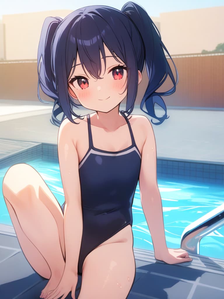  junior s, twin tails, cute smiles, dark blue, dark blue swimwear, dark blue swimwear, (double , shaped clear, swelling, man swelling),, front legs, pool, pool, pool, pool.