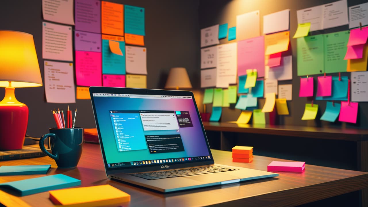  a focused workspace featuring a laptop displaying code snippets, a coffee cup, and an open notebook filled with sketches of api architecture, surrounded by colorful sticky notes and a wall clock showing various time zones. hyperrealistic, full body, detailed clothing, highly detailed, cinematic lighting, stunningly beautiful, intricate, sharp focus, f/1. 8, 85mm, (centered image composition), (professionally color graded), ((bright soft diffused light)), volumetric fog, trending on instagram, trending on tumblr, HDR 4K, 8K