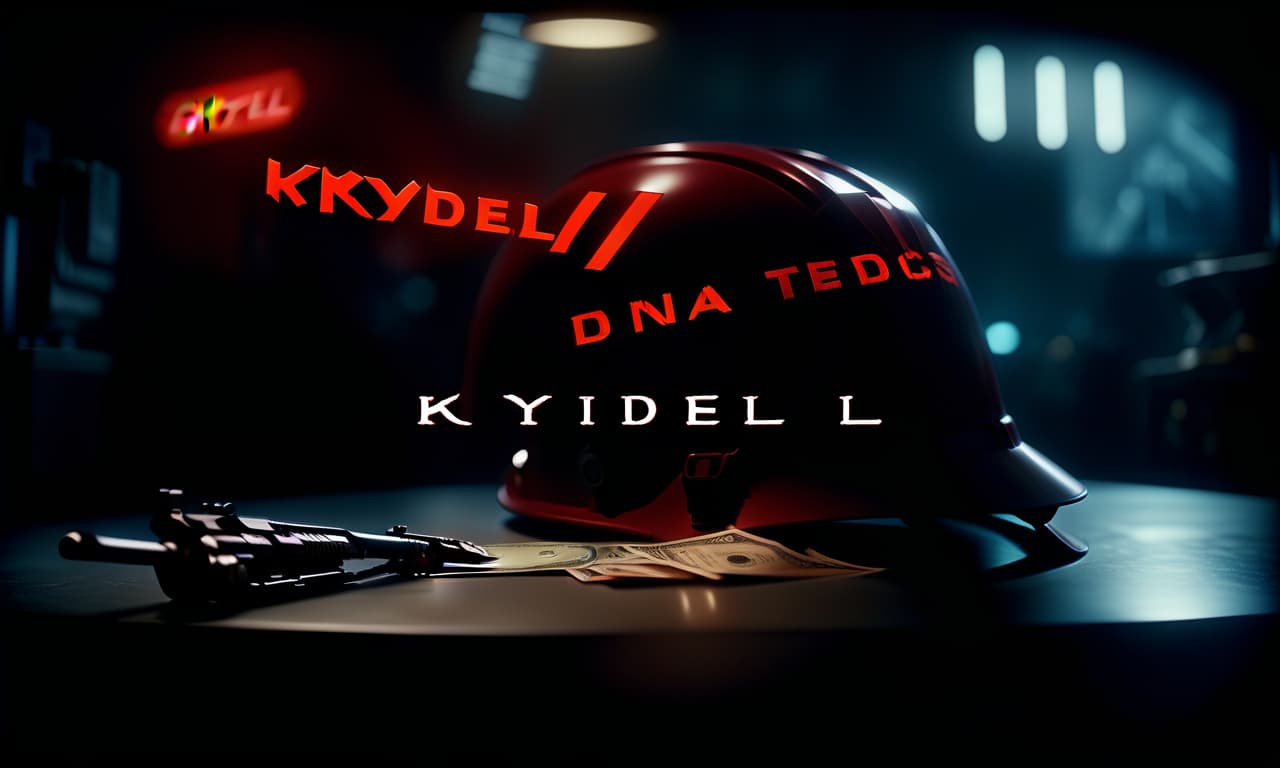  cinematic film still it says "krydell" in red. the background is dark. around different items from weapons games, helmets, cars and money . shallow depth of field, vignette, highly detailed, high budget, bokeh, cinemascope, moody, epic, gorgeous, film grain, grainy