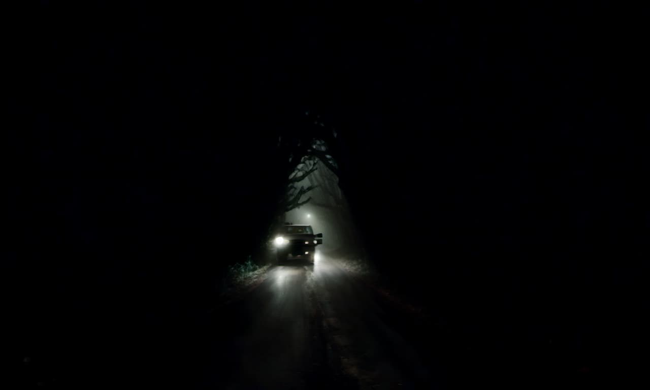  horror themed dark and eerie forest road at night, with truck headlights casting eerie lights on trees . eerie, unsettling, dark, spooky, suspenseful, grim, highly detailed, film photography style