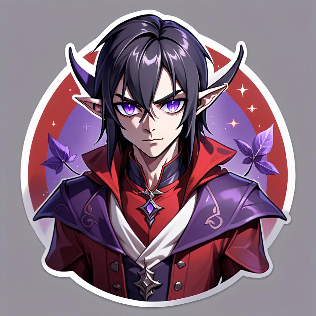  anime artwork dark elf man, young, black hair, straight hair, violet eyes, cold arrogant glance, elven ears, all grey skin, red minimalistic attire of a herbalist magician . anime style, key visual, vibrant, studio anime, highly detailed, sticker