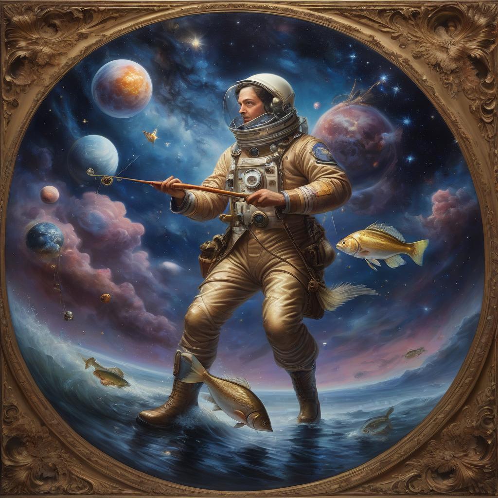  space themed rococo, oil, canvas, high quality image, fisherman catching fish . cosmic, celestial, stars, galaxies, nebulas, planets, science fiction, highly detailed