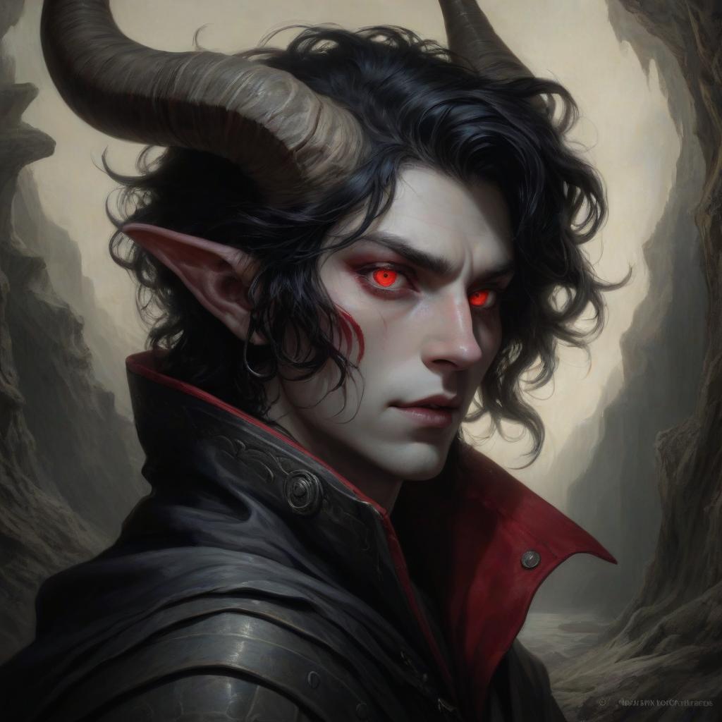  tifling asmodeas with red eyes and red stripes pass through the eyes, horns go back and up, black wavy hair, skin color gray, on the body of a mantle with black wolf skin