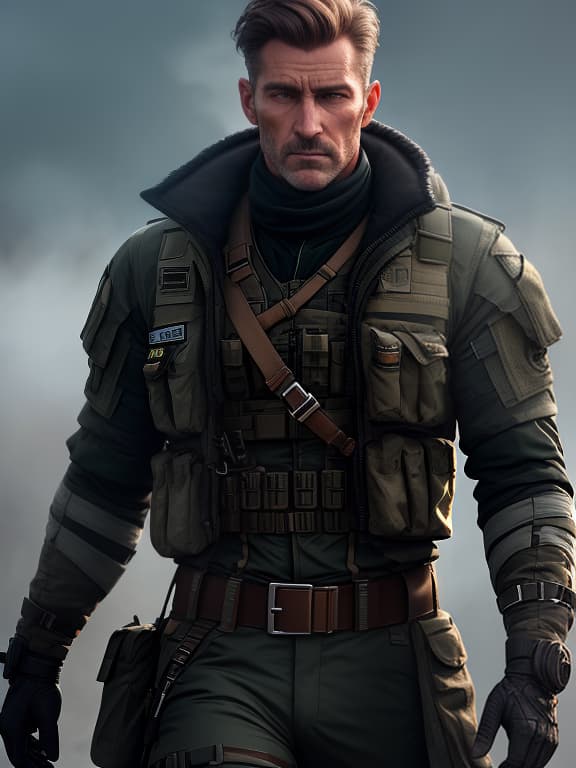  a former special forces officer dressed in an open coat of cosuk, with a scar on his face and a sad hair on his temples hyperrealistic, full body, detailed clothing, highly detailed, cinematic lighting, stunningly beautiful, intricate, sharp focus, f/1. 8, 85mm, (centered image composition), (professionally color graded), ((bright soft diffused light)), volumetric fog, trending on instagram, trending on tumblr, HDR 4K, 8K