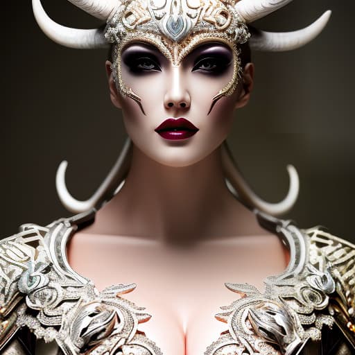 dvarchmodern a close up of a statue of a woman with horns, wlop and ross tran, trending on artstatioin, dark aesthetic, ivory make up, infp , a beautiful aged , natural bones and skin, dreaming of electric sheep, anime aesthetic, dark , creepy , blood , monsters , by jason engle , carlos huante , charlie bowater , simon lee , brom hyperrealistic, full body, detailed clothing, highly detailed, cinematic lighting, stunningly beautiful, intricate, sharp focus, f/1. 8, 85mm, (centered image composition), (professionally color graded), ((bright soft diffused light)), volumetric fog, trending on instagram, trending on tumblr, HDR 4K, 8K