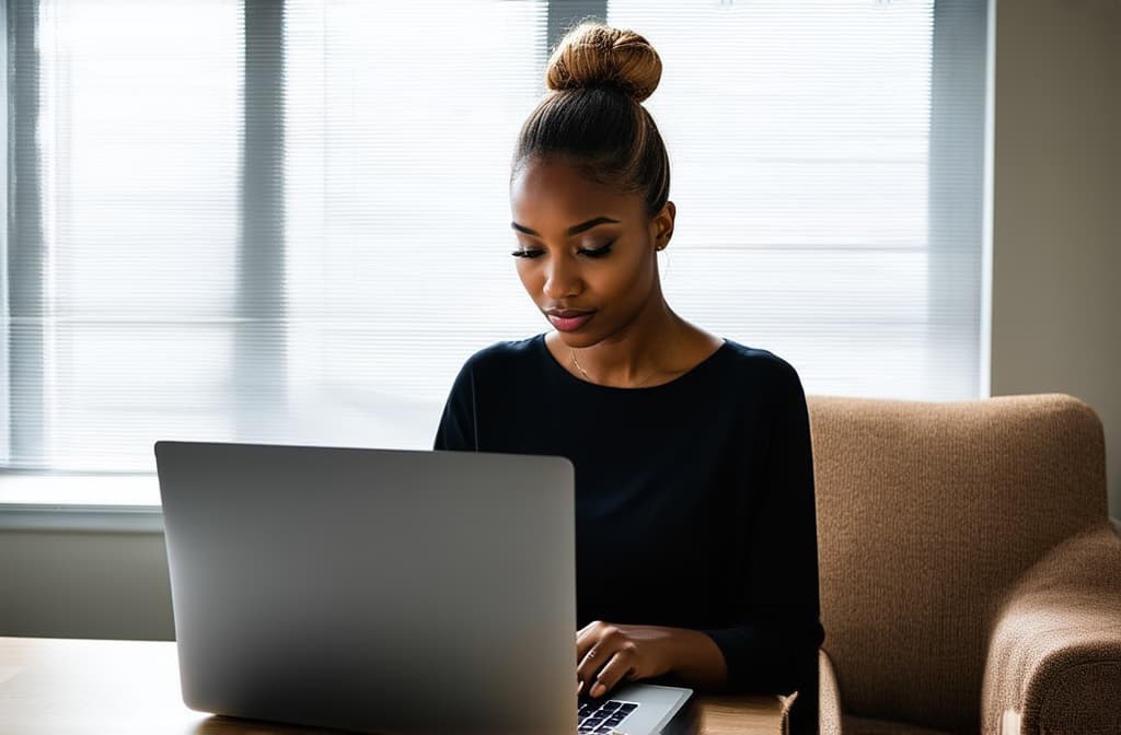  professional detailed photography, girl with a bun on her head works on a laptop in a bright room, good lighting ar 3:2, (muted colors, dim colors, soothing tones), (vsco:0.3)