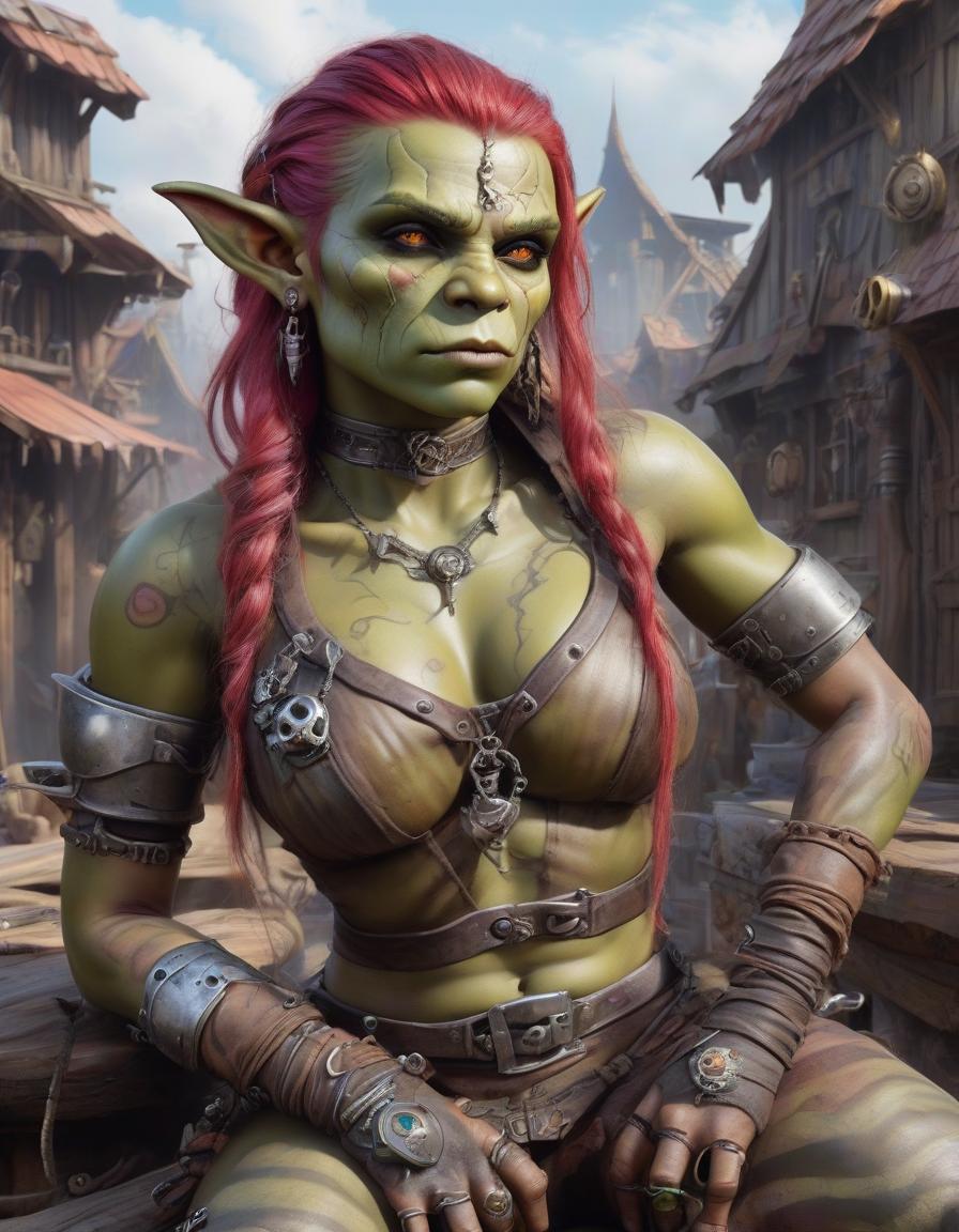  an ultra realistic airbrushed image of an eccentrically beautiful orc girl. in asitting position, she has pronounced multicolored hair, piercings, and a lot of steel steampunk jewelry. an orc town background