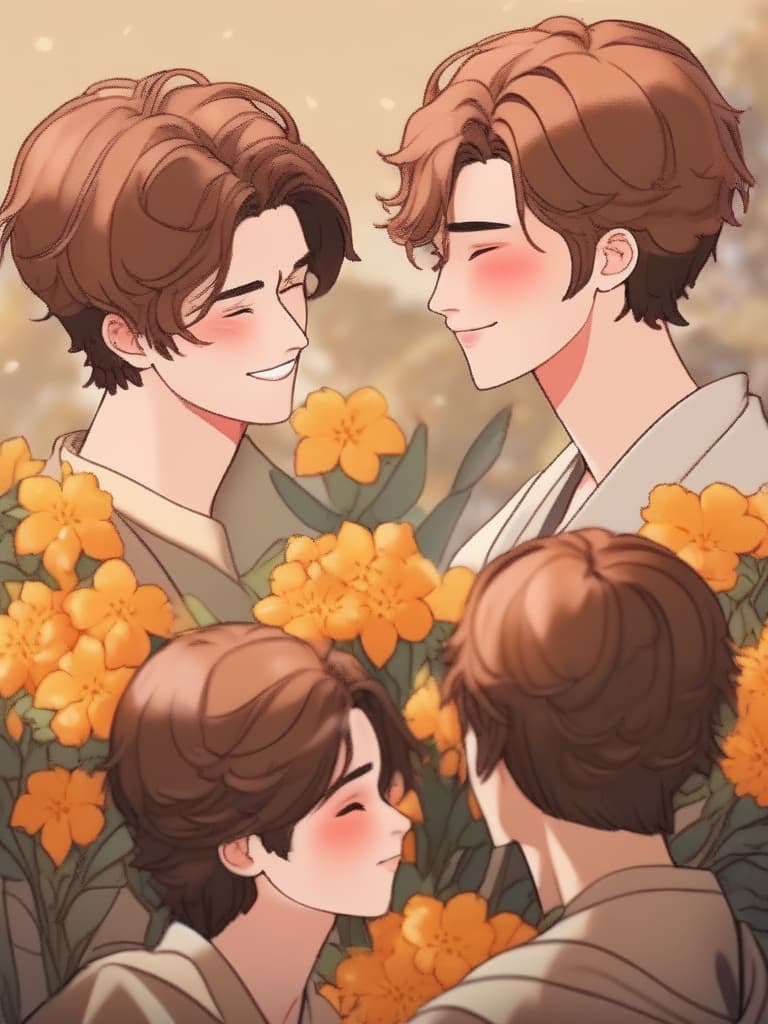  masterpiece,(one male:1.5),delicate light brown hair color,(manly hairstyle)short hair,eyes closed,smiling,((( larynx))),kissing a small bouquet of golden osmanthus,golden osmanthus flowers,high quality,16k