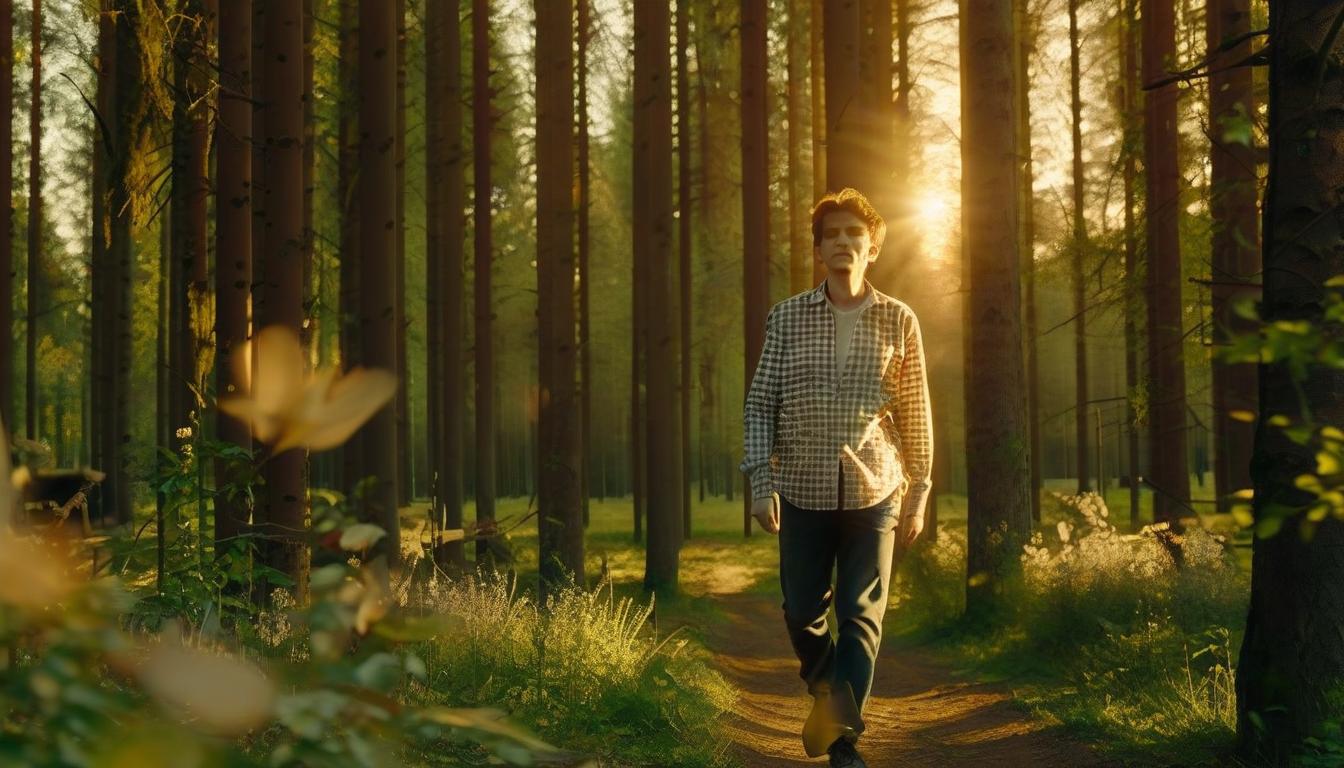  cinematic photo a man in a checkered shirt walks along a path in the forest with low and very lush trees, the golden hour, the rays of the sun through the trees, the hands of a man are spread out to the sides, a low tree, a flower meadow . 35mm photograph, film, bokeh, professional, 4k, highly detailed