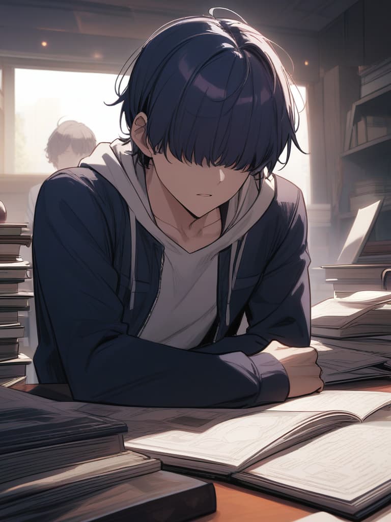  masterpiece,(young smart male:1.7),(((dark navy blue hair color))),(((shaggy bangs over eyes:1.2))),((handsome)),(sharp blue purple eye color),facial focus,((muscular)),background cluttered room,scattered books,high quality,16k