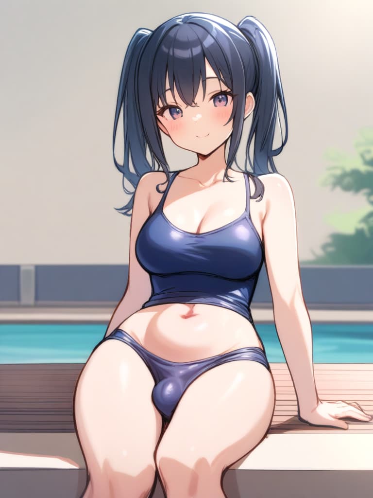  women's elementary , twin tails, cute smiles, rich s, low stature, dark blue swimwear, old swimwear, , simple, male, shaped clear penalties, shaped clear philosophy, shaped clear man (bulge) front, whole body, pool side,