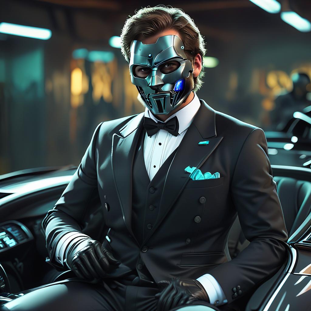  debater in an iron mask and a tuxedo in a bmw, t shirt design, glowneon