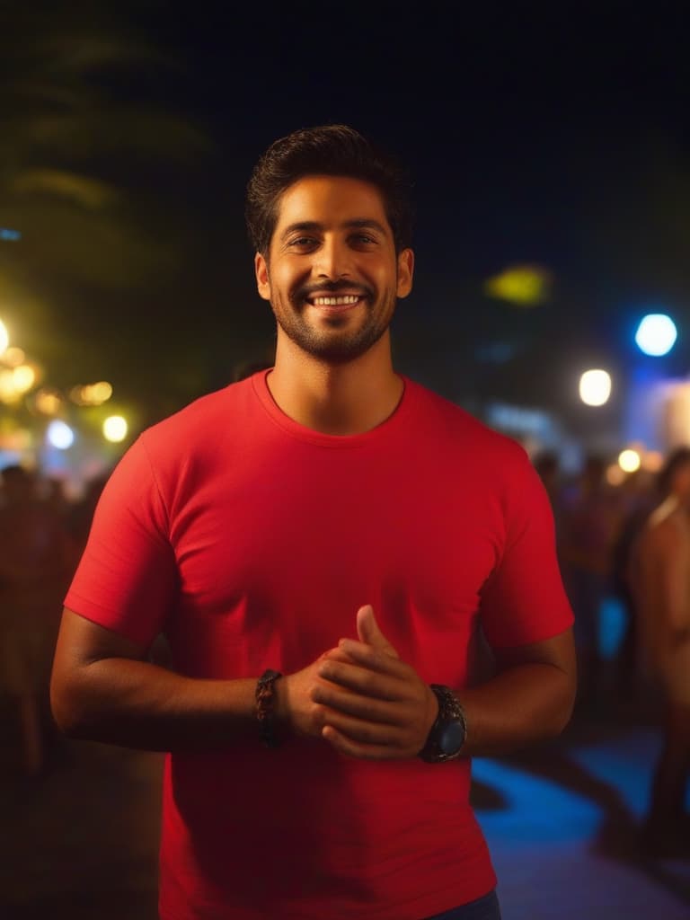  un joven (hombre) se divierte en una fiesta al aire libre, rodeado de luces de colores y amigos. lleva una playera de manga larga lisa color liso blnco que resalta bajo las luces. está de frente, con una gran sonrisa, disfrutando del momento. la imagen tiene calidad fotográfica realista, capturando cada detalle de su expresión y la atmósfera festiva.,resolution realista