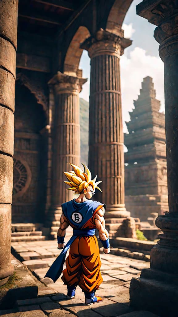  an anime image of dragon ball z with mysterious symbols on ancient ruins and character clothing. hyperrealistic, full body, detailed clothing, highly detailed, cinematic lighting, stunningly beautiful, intricate, sharp focus, f/1. 8, 85mm, (centered image composition), (professionally color graded), ((bright soft diffused light)), volumetric fog, trending on instagram, trending on tumblr, HDR 4K, 8K