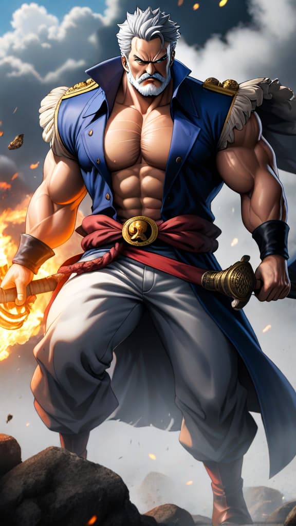  anime art of garp from one piece using brute force against rayleigh's tactical finesse in a fierce battle hyperrealistic, full body, detailed clothing, highly detailed, cinematic lighting, stunningly beautiful, intricate, sharp focus, f/1. 8, 85mm, (centered image composition), (professionally color graded), ((bright soft diffused light)), volumetric fog, trending on instagram, trending on tumblr, HDR 4K, 8K