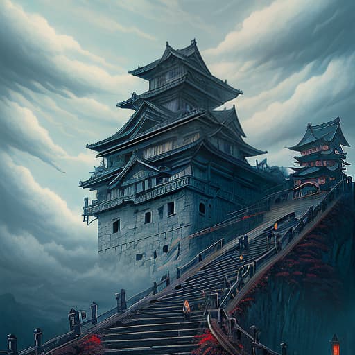  landscape, in the distance, a japanese castle to which 6 narrow stairs lead from different sides, which stands on a clockwork mechanism, everywhere clouds, steam, cloudy weather, steampunk, blue sky, dark , creepy , blood , monsters , by jason engle , carlos huante , charlie bowater , simon lee , brom