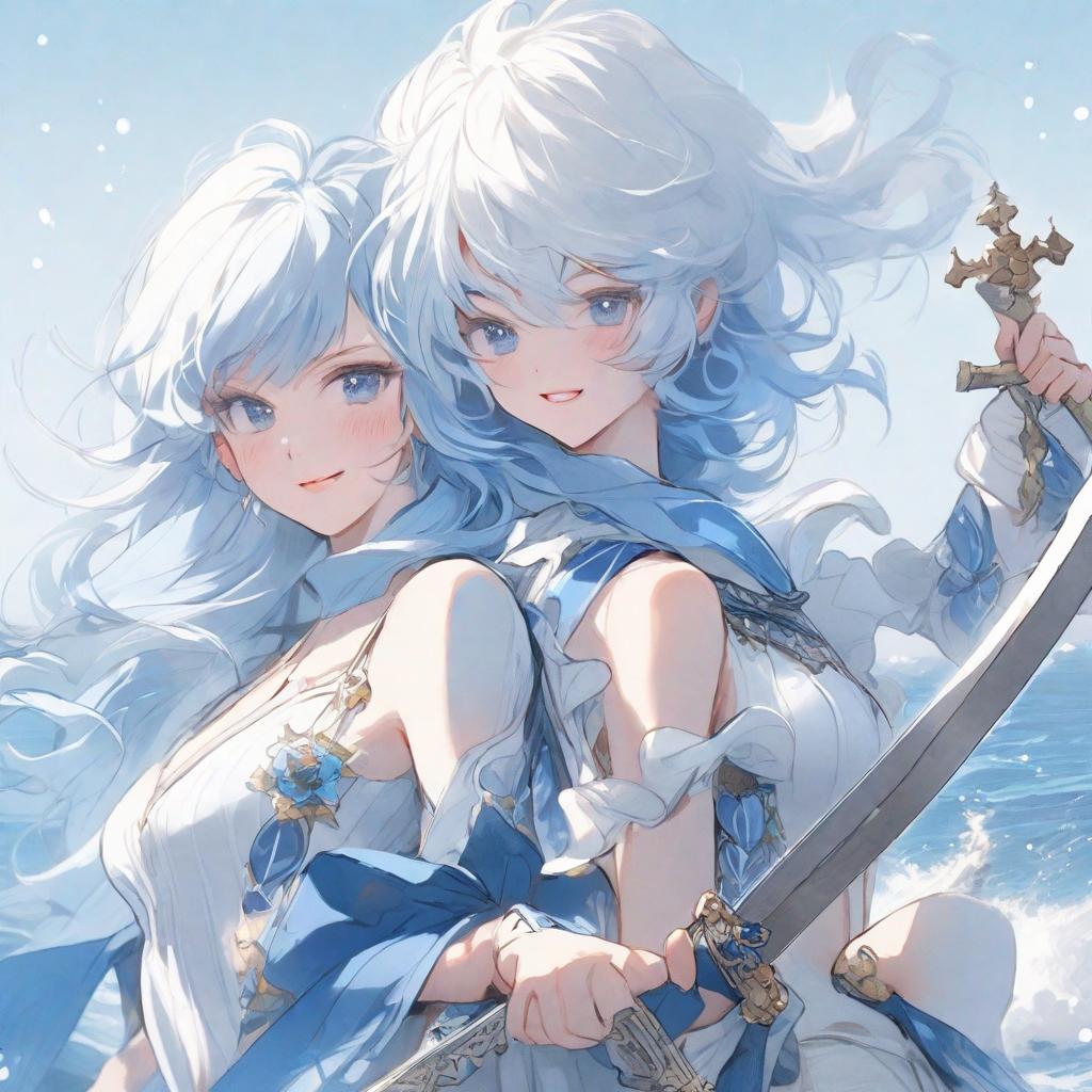  of course, the following is a summary of keywords about funina and doria: ### funina * **clothing**: blue and white, fresh and elegant, unique elements, holding a blue one handed sword * **appearance**: white hair, delicate face, noble temperament ### doria * **clothing**: marine elements, mermaid form, special accessories * **appearance**: blue hair, cute and cute hair, delicate face, smart body these two people (female) met on the ocean