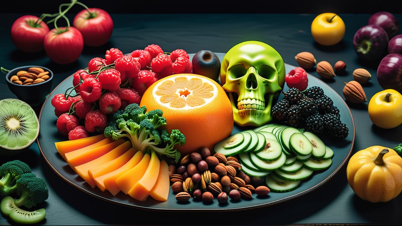  a close up of a vibrant raw food platter featuring sliced fruits, vegetables, and nuts, alongside a dark shadowy figure representing bacteria, with subtle warning symbols like skulls and crossbones hidden among the food. hyperrealistic, full body, detailed clothing, highly detailed, cinematic lighting, stunningly beautiful, intricate, sharp focus, f/1. 8, 85mm, (centered image composition), (professionally color graded), ((bright soft diffused light)), volumetric fog, trending on instagram, trending on tumblr, HDR 4K, 8K